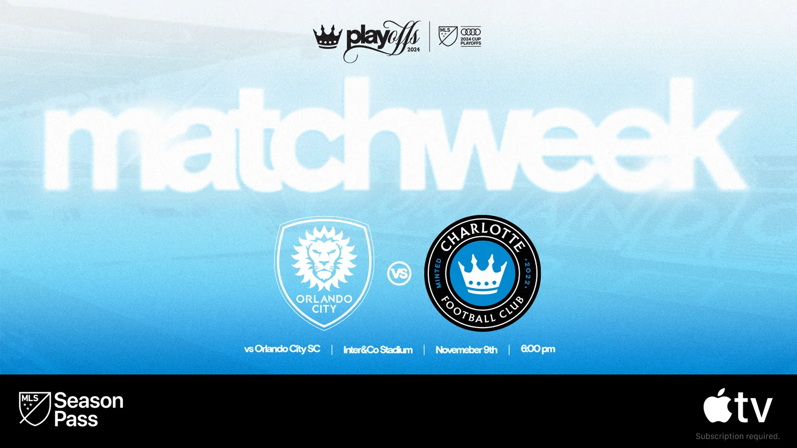 Comment regarder et écouter | Playoffs de la Coupe MLS Audi 2024 : Charlotte FC à Orlando SC – Tour 1, Match 3 | Samedi 9 novembre à 18h00 | EN DIRECT sur le Season Pass MLS
