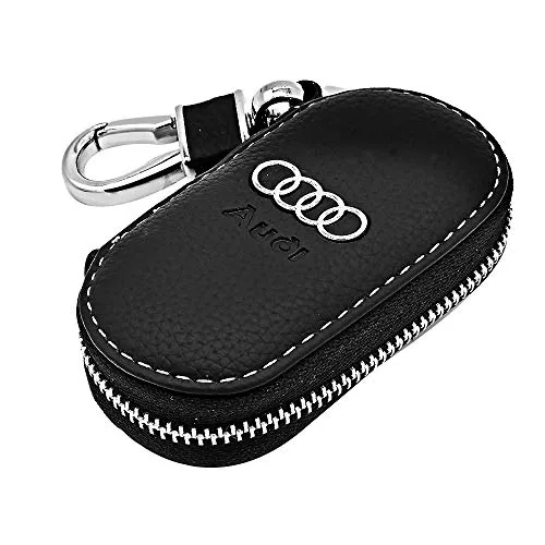 VILLSION Véritable Cuir Voiture clé Cas Portefeuille Porte-clés Etuis avec Crochet Acier Inoxydable Fermeture à glissière métal, Noir