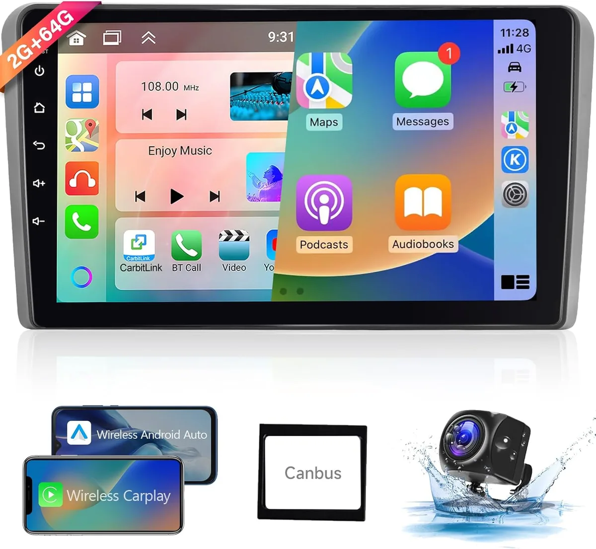 【8 Core 2+64G】 Autoradio Hodozzy Carplay pour Audi A3 S3 RS3 8P 8V 2008-2012, autoradio Android à écran tactile 9 pouces avec Android Auto/WiFi/GPS/RDS/FM/Bluetooth/USB/DSP