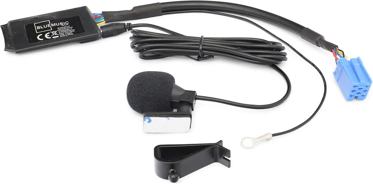 Kit mains libres Bluetooth Audio BlueMusic Compatible avec 8 broches Mini ISO Audi : Chorus 2, Concert 2, Symphony 1/2, Navigation Plus 1/2, RNS D – – VW : Gamma 5, Premium 5, MCD, MFD 1 – Seat