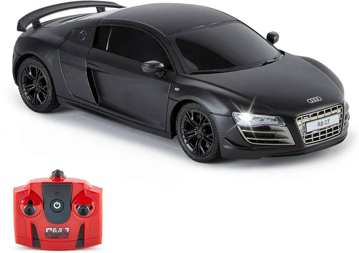 CMJ RC Cars Télécommande Supercar Range LED Lights, 2,4 GHz Racing 10 Set – Audi R8 GT Noir Mat, Échelle 1:24