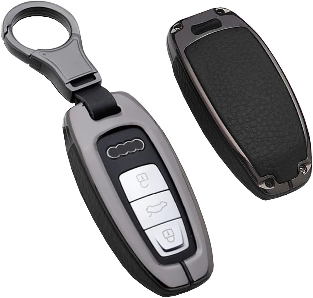 HIBEYO Coque de clé de voiture compatible avec Audi A6 A7 A8 Q7 Q8 E-Tron 3 boutons – Étui en cuir pour clé intelligente – Accessoire de voiture – Noir