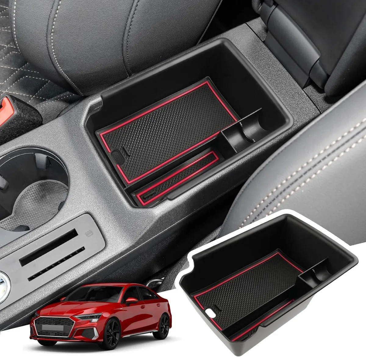 BIBIBO Boîte de rangement pour Audi A3 8Y 2021-2023, organiseur de console centrale avec tapis antidérapant, boîte de rangement pour accoudoir, boîte à gants, accessoires Audi A3 8Y