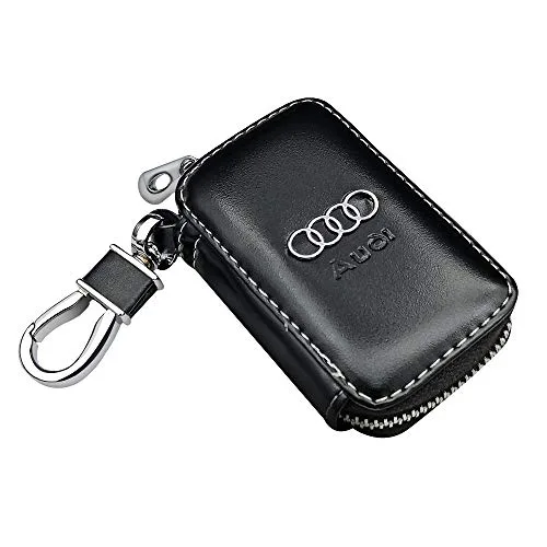 VILLSION Véritable PU Cuir Voiture clé Cas Portefeuille Porte-clés Etuis pour Homme avec Crochet Acier Inoxydable Fermeture à glissière métal, Noir