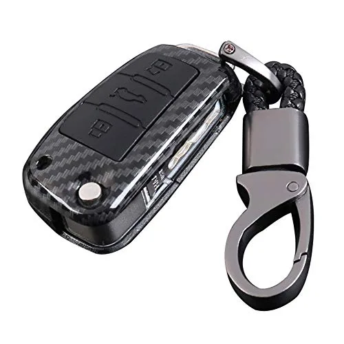 Happyit ABS Shell en Fibre de Carbone + Silicone Couverture de Cas Clé de Voiture Porte-clés pour Audi Sline A3 A5 Q3 Q5 A6 C5 C6 A4 B6 B7 B8 TT 80 S6 3 Boutons (Noir)