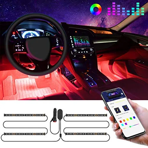 Bande LED Intérieur Auto avec APP, Govee LED Auto Intérieur 4pcs 48 LED Conception à Deux Lignes Améliorée Étanche Multicouleurs sous l’Éclairage de Voiture avec le Chargeur de Voiture, DC12V