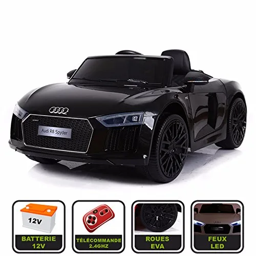 Cristom Voiture de Sport électrique 12V pour Enfant Audi R8 Spyder Télécommande 2.4Ghz- Slot USB et Prise MP3 – Licence Audi (Noir)